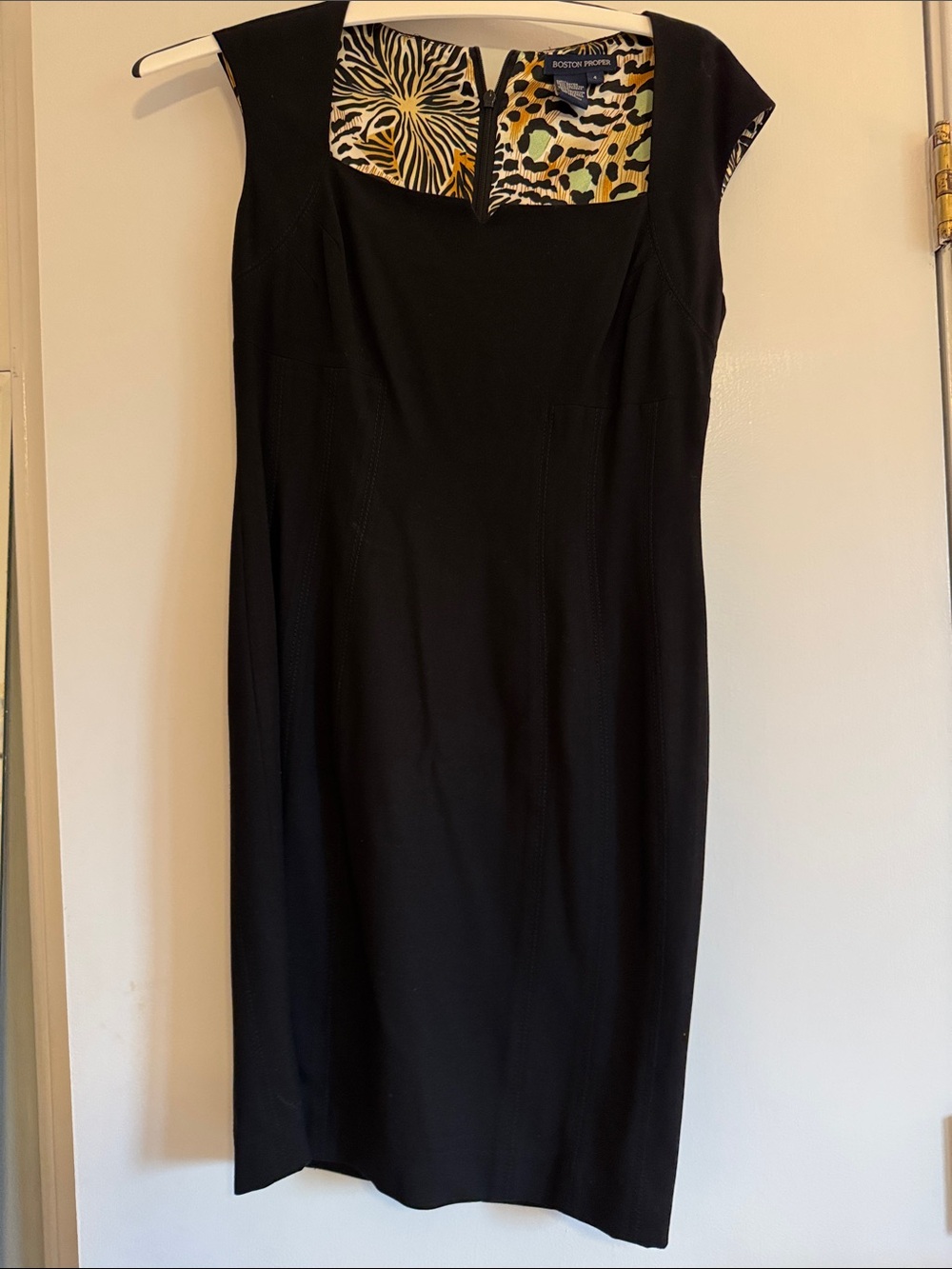 Boston Proper Black Pencil Dress with Animal-Print Neckline